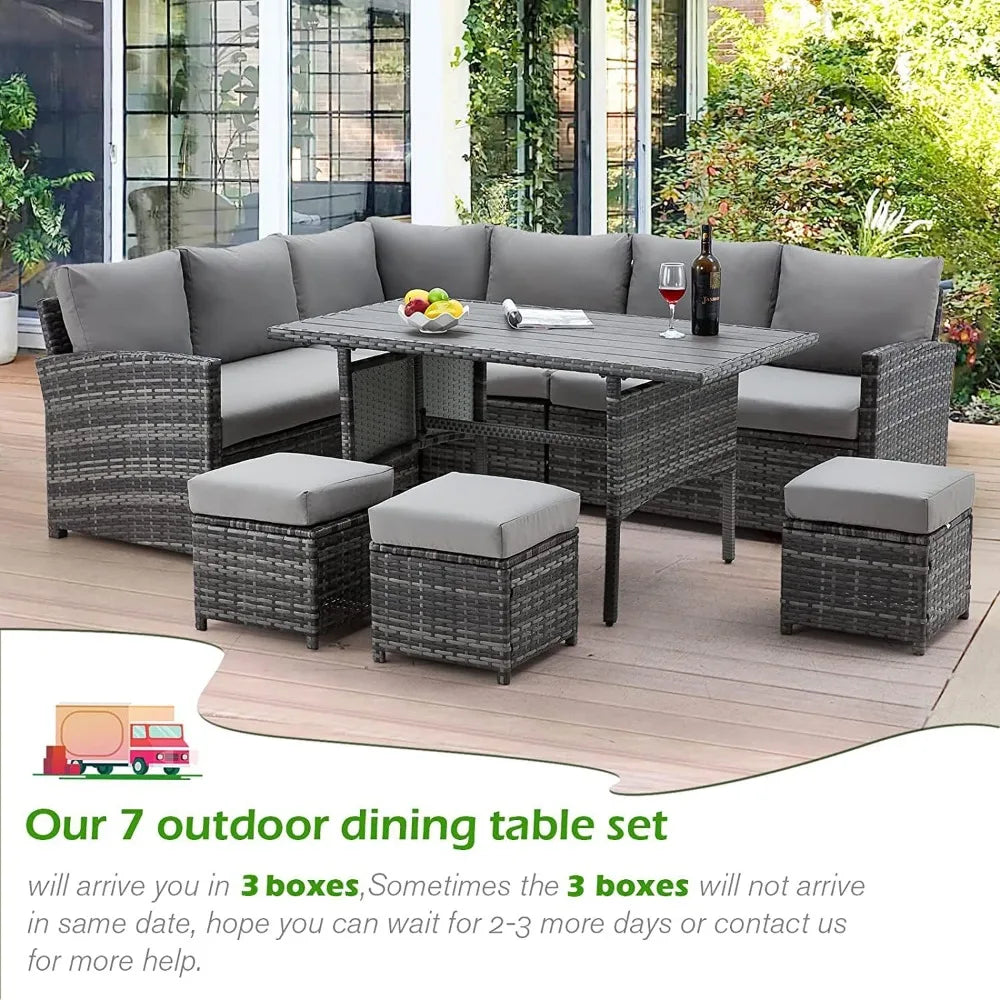 Outdoor Furniture 7 Piece Set with Dining Table and Chairs All Weather Wicker Set with Ottoman Garden Furniture Set