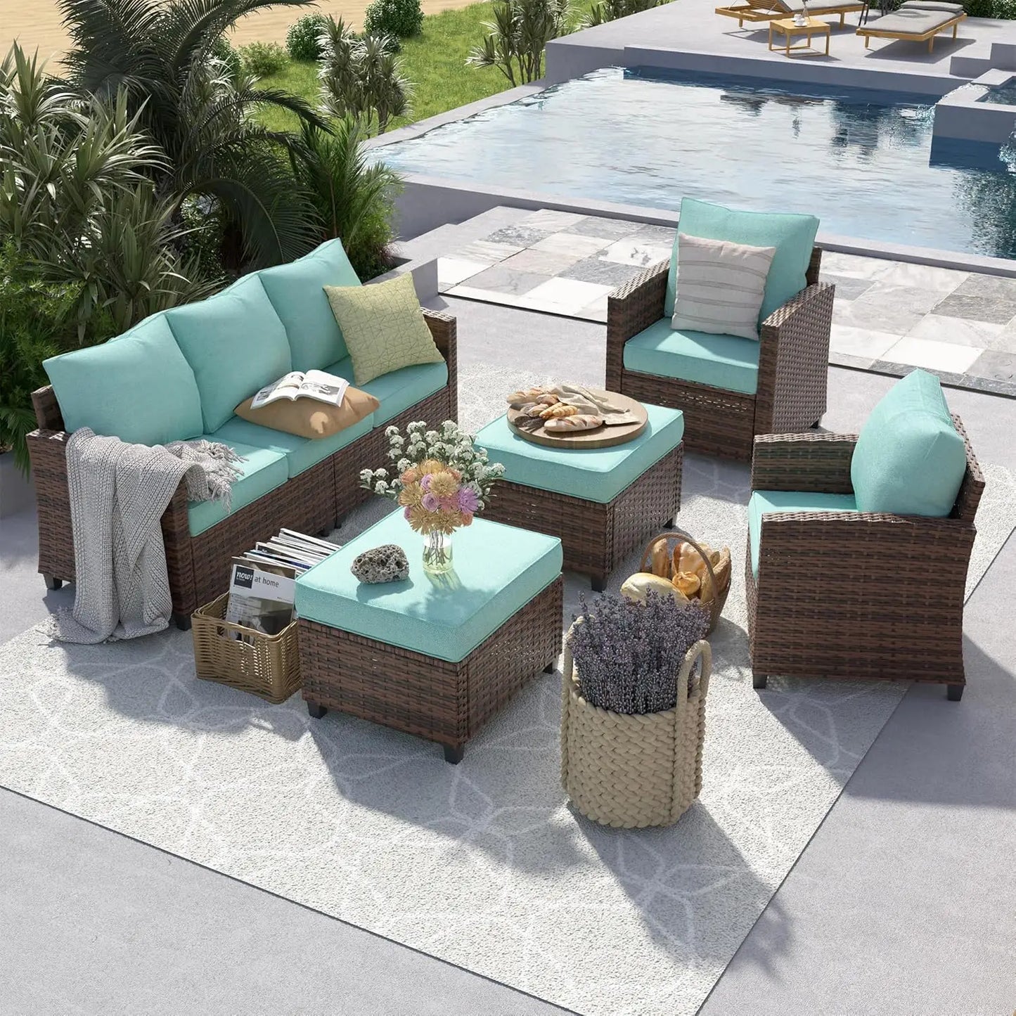 Outdoor Patio Furniture Set with 44 Inch Fire Pit Table for Garden Backyard Deck 6 Pieces Sectional Conversation Set
