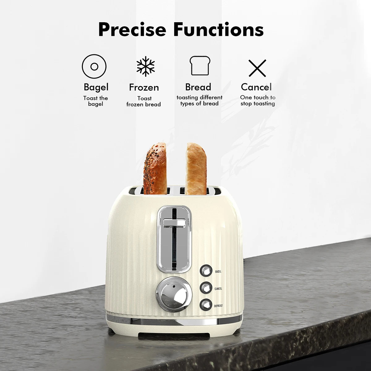 2 Slice Toaster with Extra Wide Slots Removable Crumb Tray Six Browning Options Auto Shut Off Frozen Function Cream