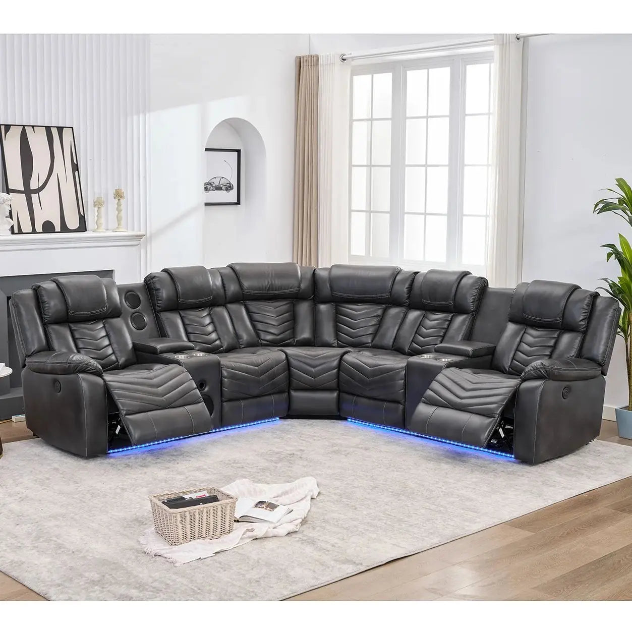 Todrani Power Recliner Sectional Sofa Bass Speakers Led