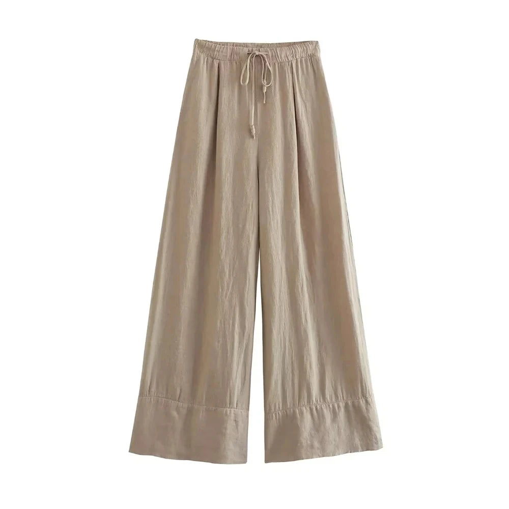 TRZA Women Vintage Wide Leg Linen Pants with Side Pockets