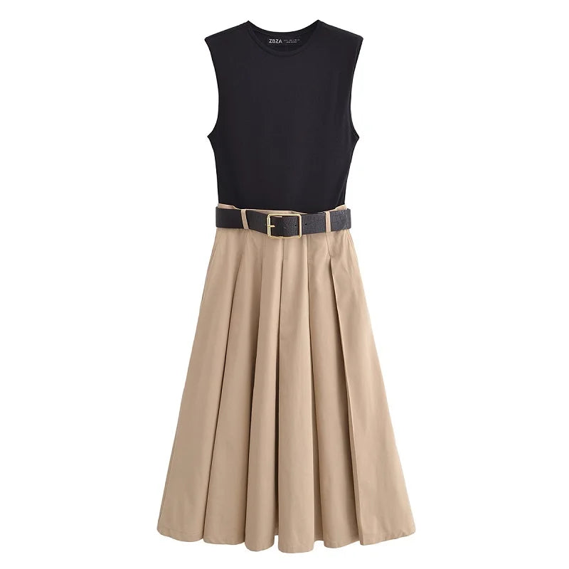 MUJERCN Belted Pleated Midi Dress For Women Sleeveless