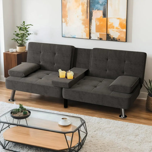 XMSJ Modern Linen Upholstered Convertible Futon Sofa Bed Removable Armrests