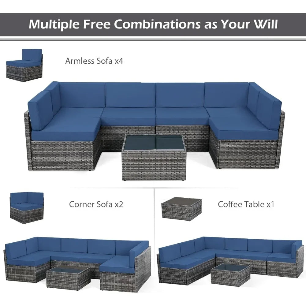 7 Piece Outdoor Patio Furniture Set PE Rattan Grey Wicker Sectional Chair Set with Cushion