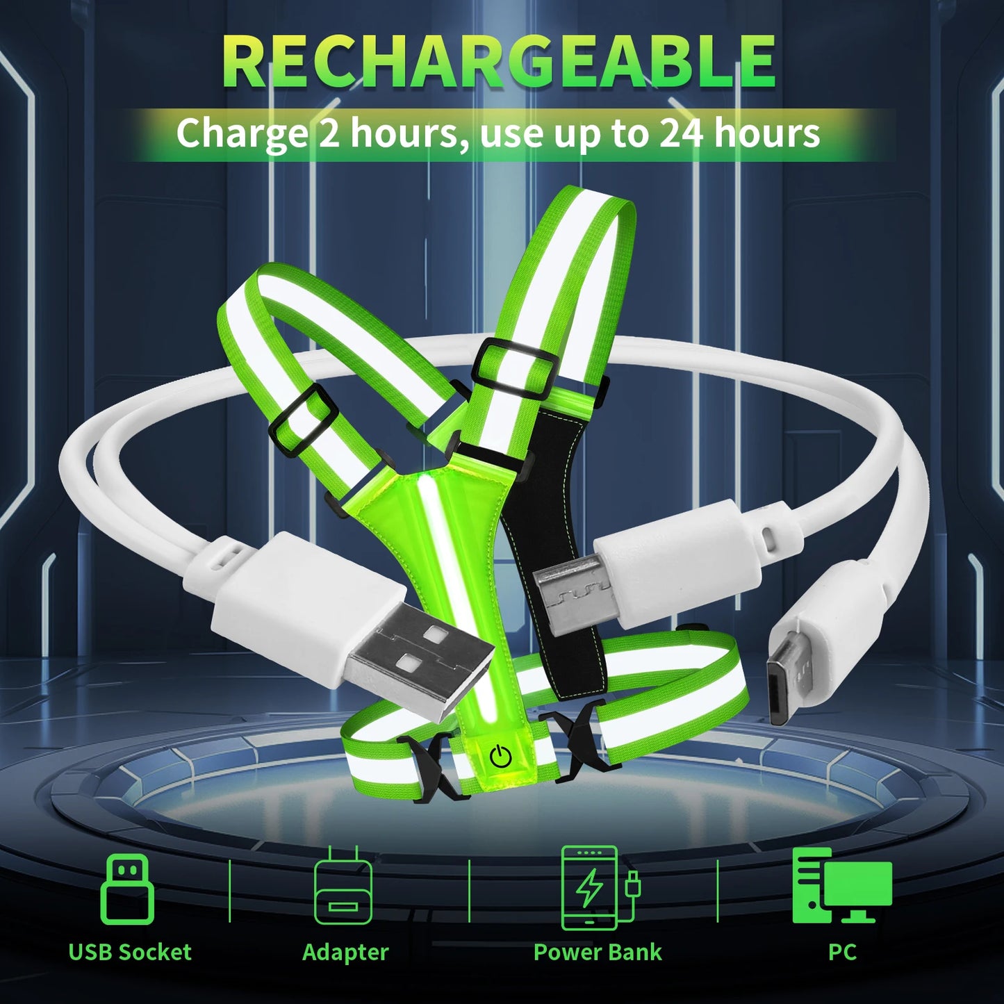 Adjustable Reflective Security Vests High Visibility Rechargeable Running Gear for Outdoor Night Runners and Cyclists