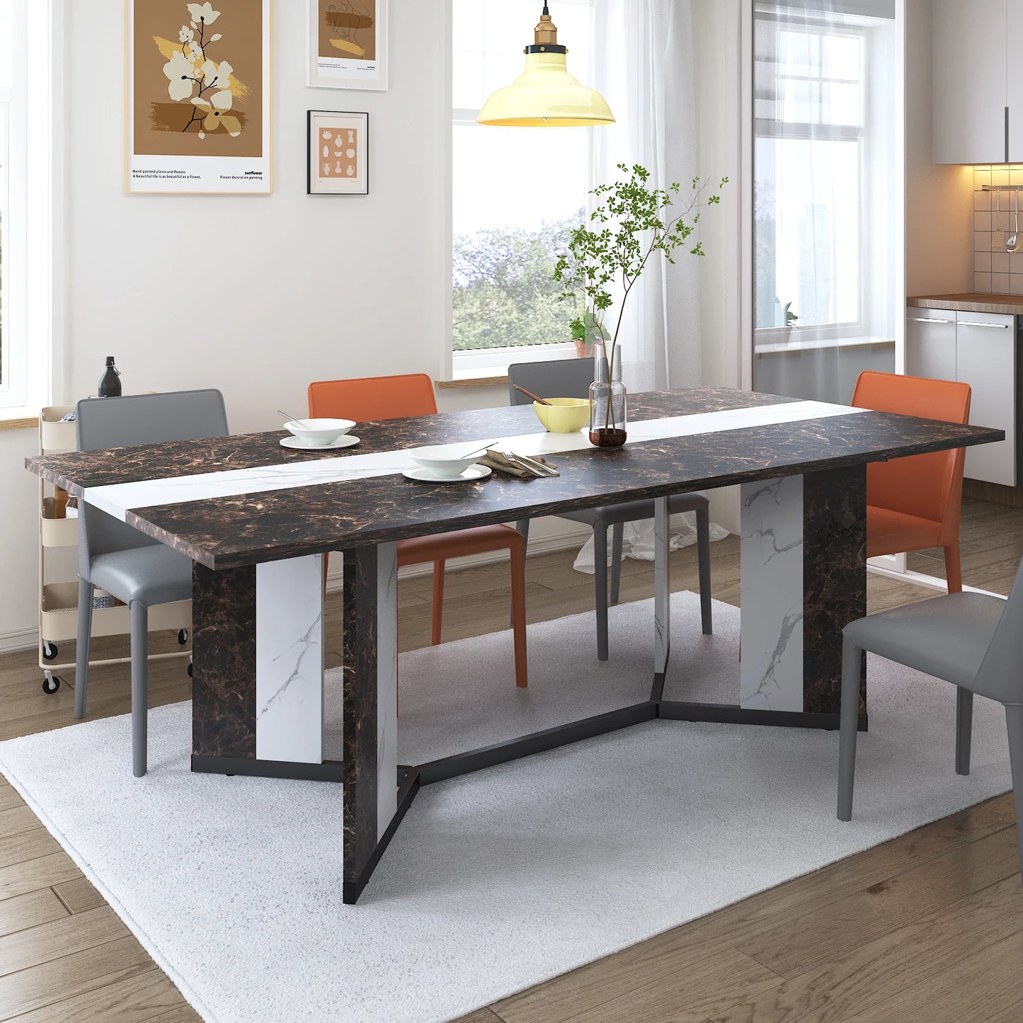 71 Inch Large Rectangular White Dining Table for 4 to 10 People Modern Family Dinner Table with Marble Color Wood Top and Metal Legs
