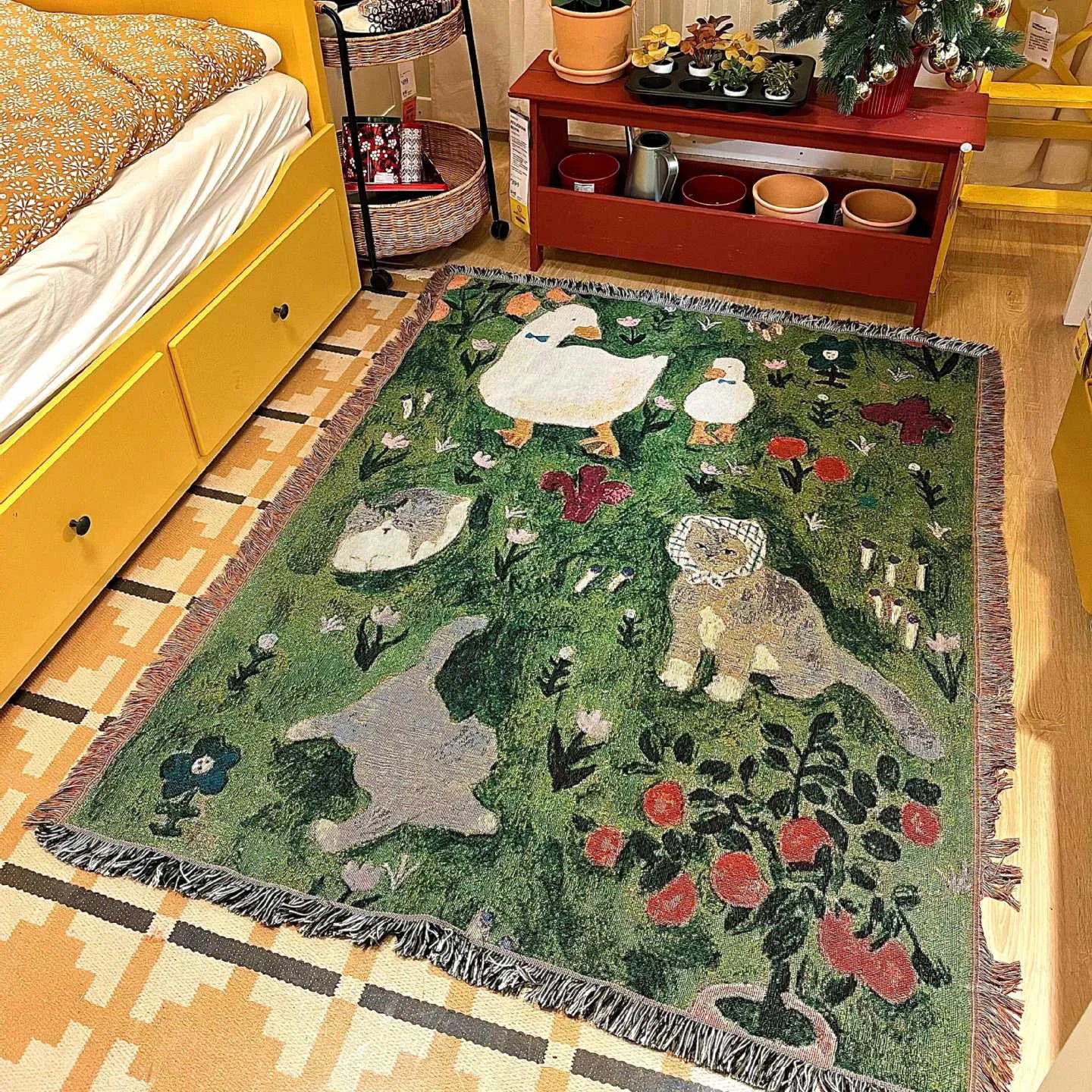Kawaii Cat Throw Blankets for Beds Cartoon Animal Camping Picnic Mat Outdoor Retro Tapestry Sofa Home Decoration