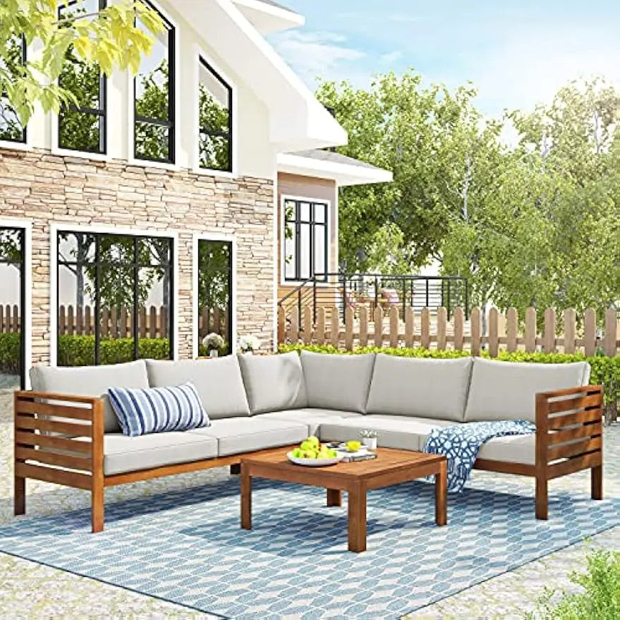 Outdoor Sectional Sofa Set with Coffee Table Removable Patio Sectional Seating Group L Shape Corner Sofa Set Natural Wood Beige