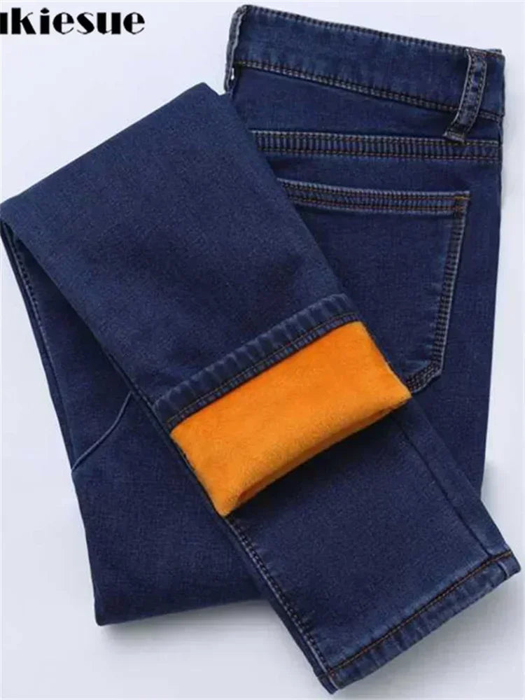 YUKIESUECN Women Warm Thick Denim Jeans High Waist Fleece
