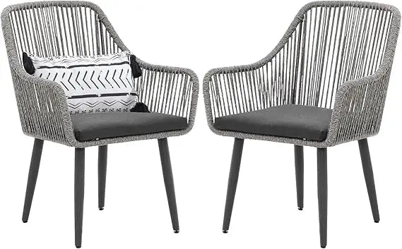 Modern Outdoor Dining Chairs Set of Two Woven Rope Rattan
