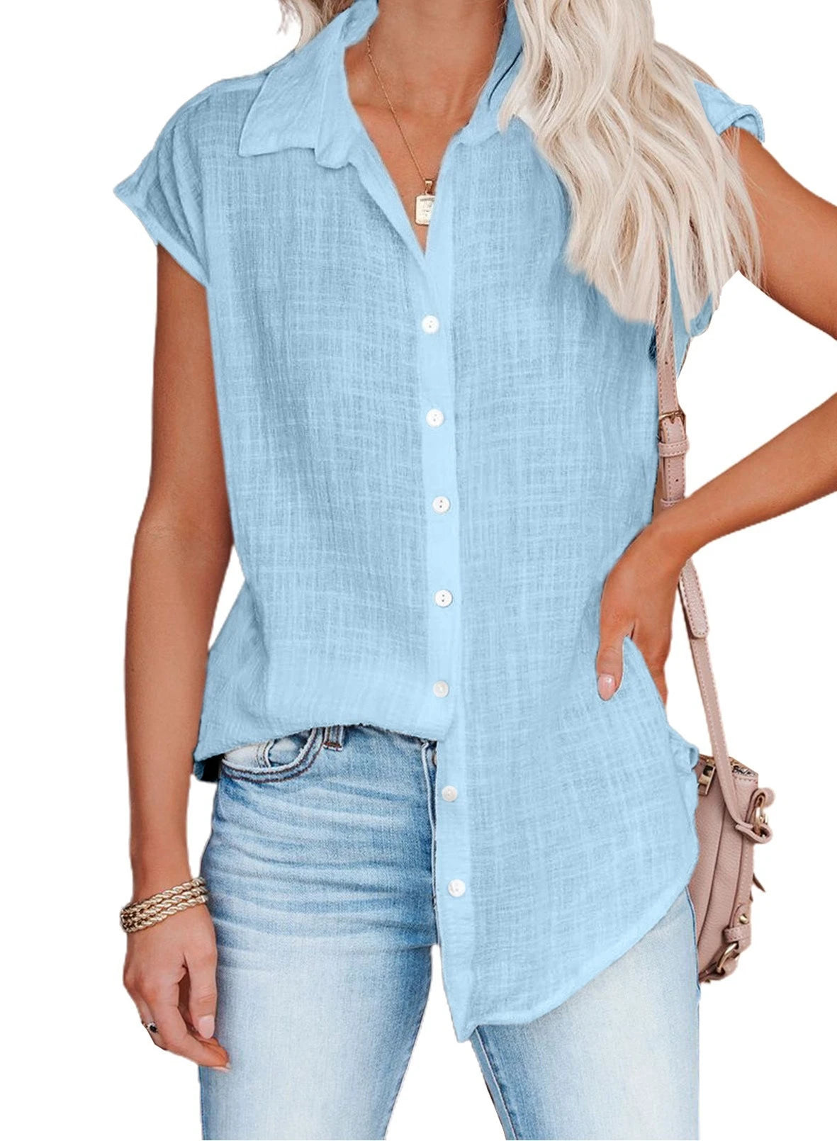 Hallolilla Cotton Linen Shirt Women Short Sleeve Top