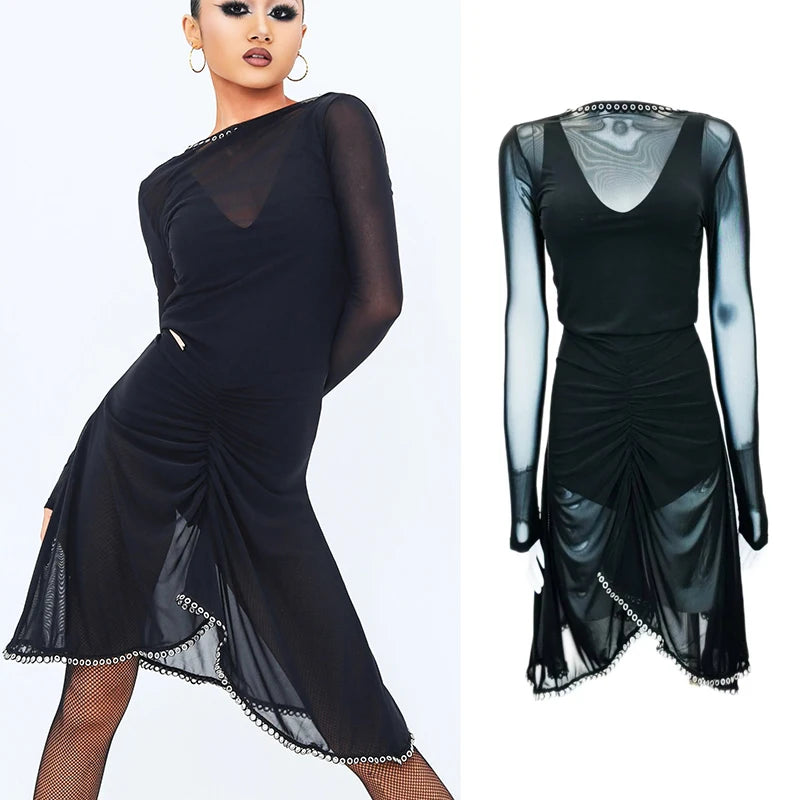 Latin Dance Dress Mesh Long Sleeves Backless for Performance