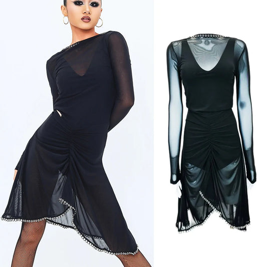 Latin Dance Dress Mesh Long Sleeves Backless for Performance