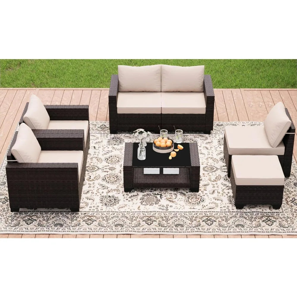 Patio Furniture Set 7 Pieces Conversation Set Wicker Outdoor Sectional Sofa Ergonomic Armrests Couch with Cushion