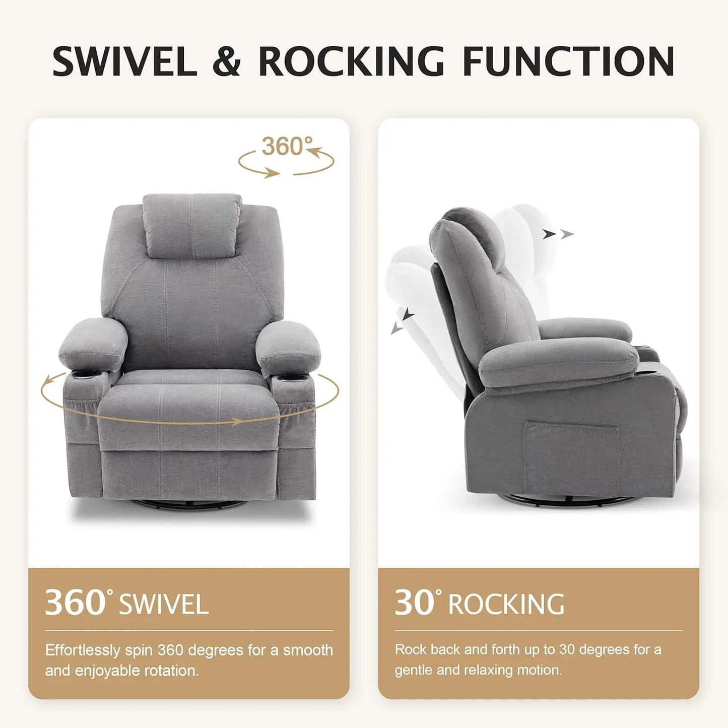 XMSJ Swivel Rocker Recliner Chair With Heat And Massage USB