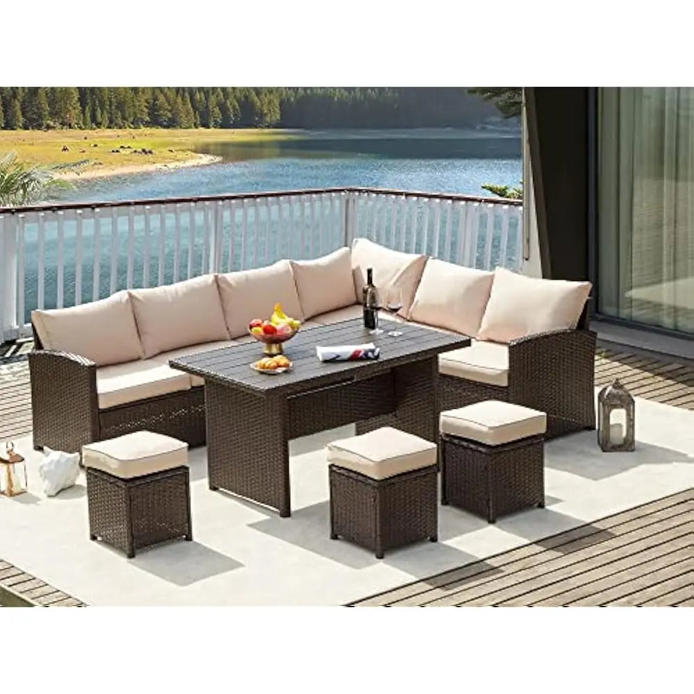 Outdoor Furniture 7 Piece Set with Dining Table and Chairs All Weather Wicker Set with Ottoman Garden Furniture Set