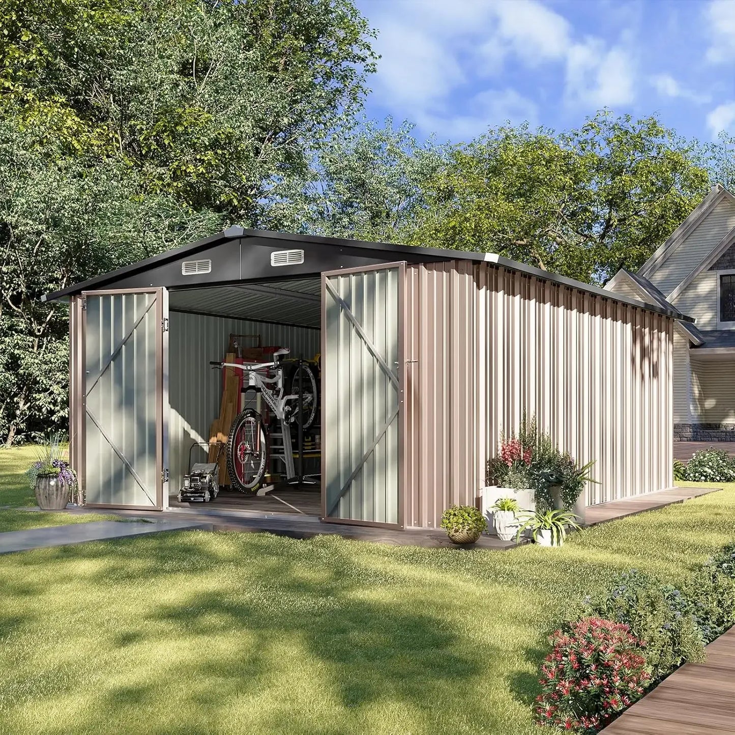 XMSJ Outdoor Storage Shed Double Hinged Door Lockable Roof