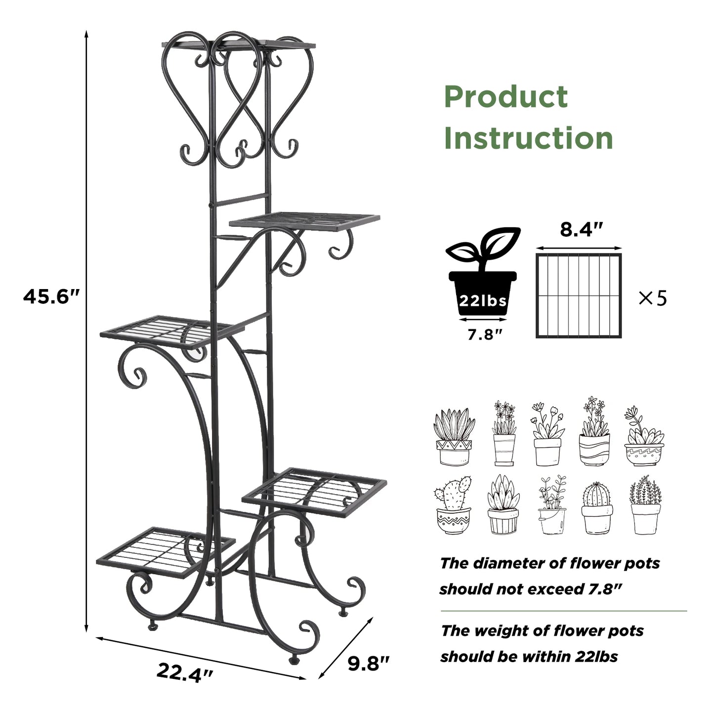 Wisfor Metal Plant Stand Rack 5 Tier Garden Pots Display