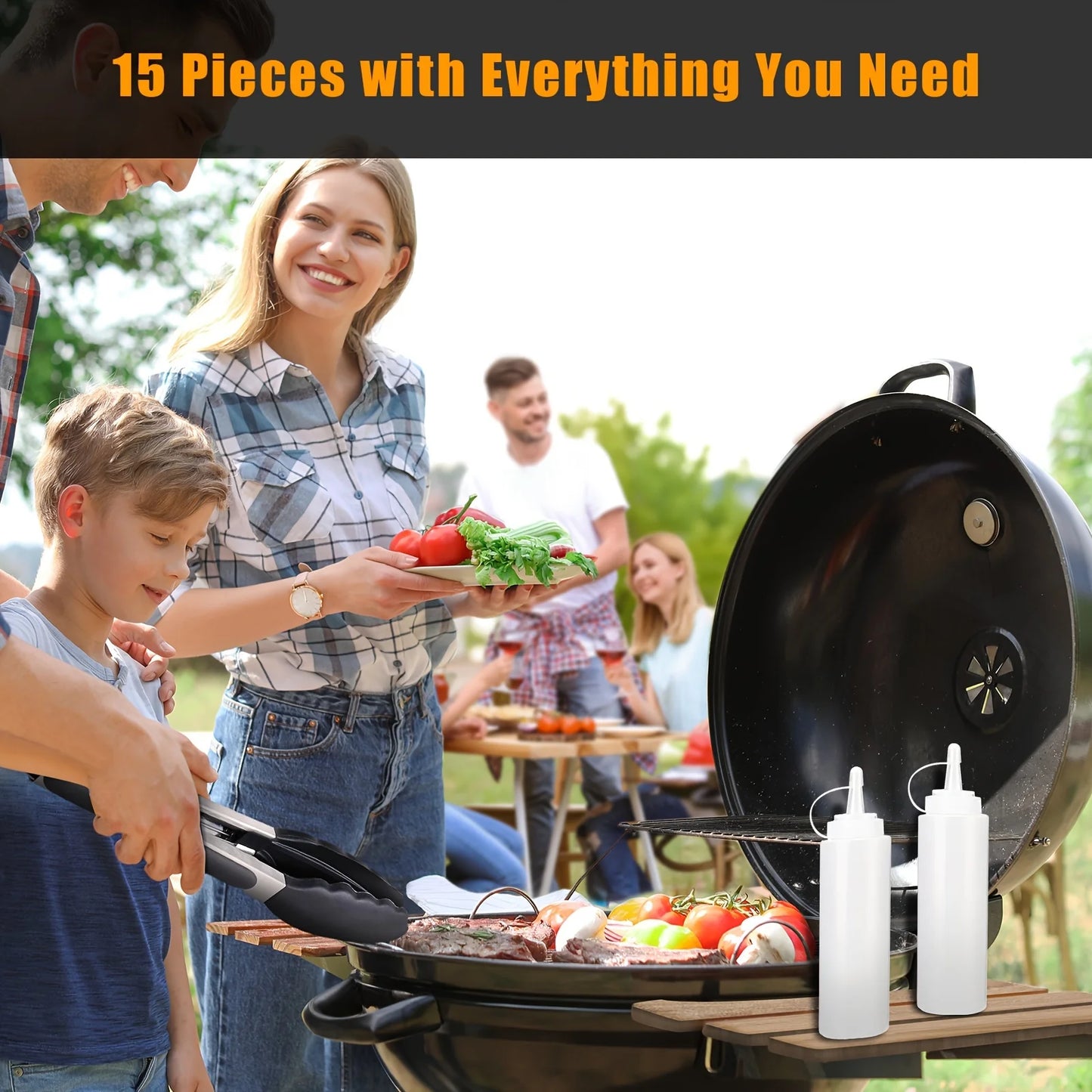 15 Piece Stainless Steel Grill Tool Set for Outdoor Cooking