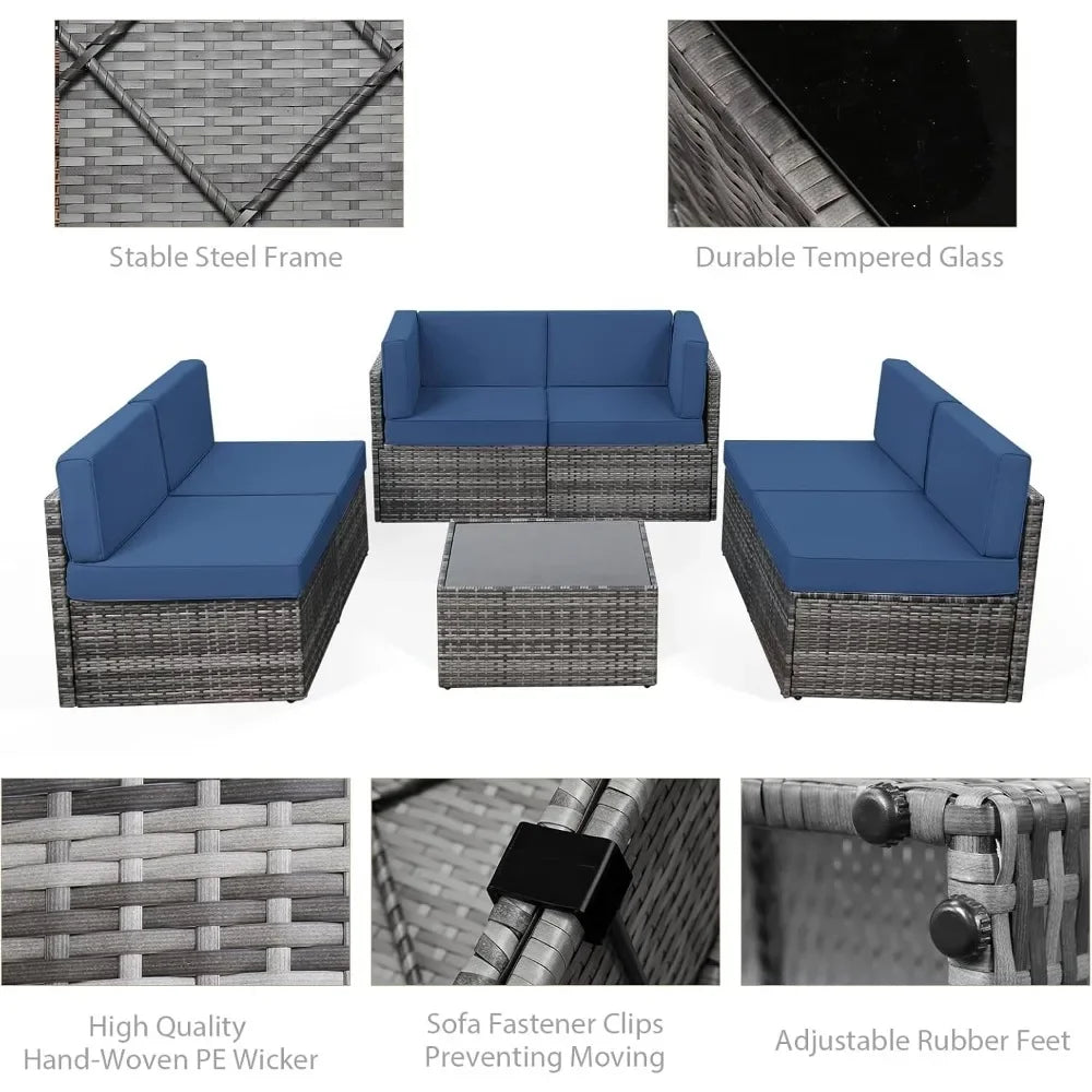 7 Piece Outdoor Patio Furniture Set PE Rattan Grey Wicker Sectional Chair Set with Cushion