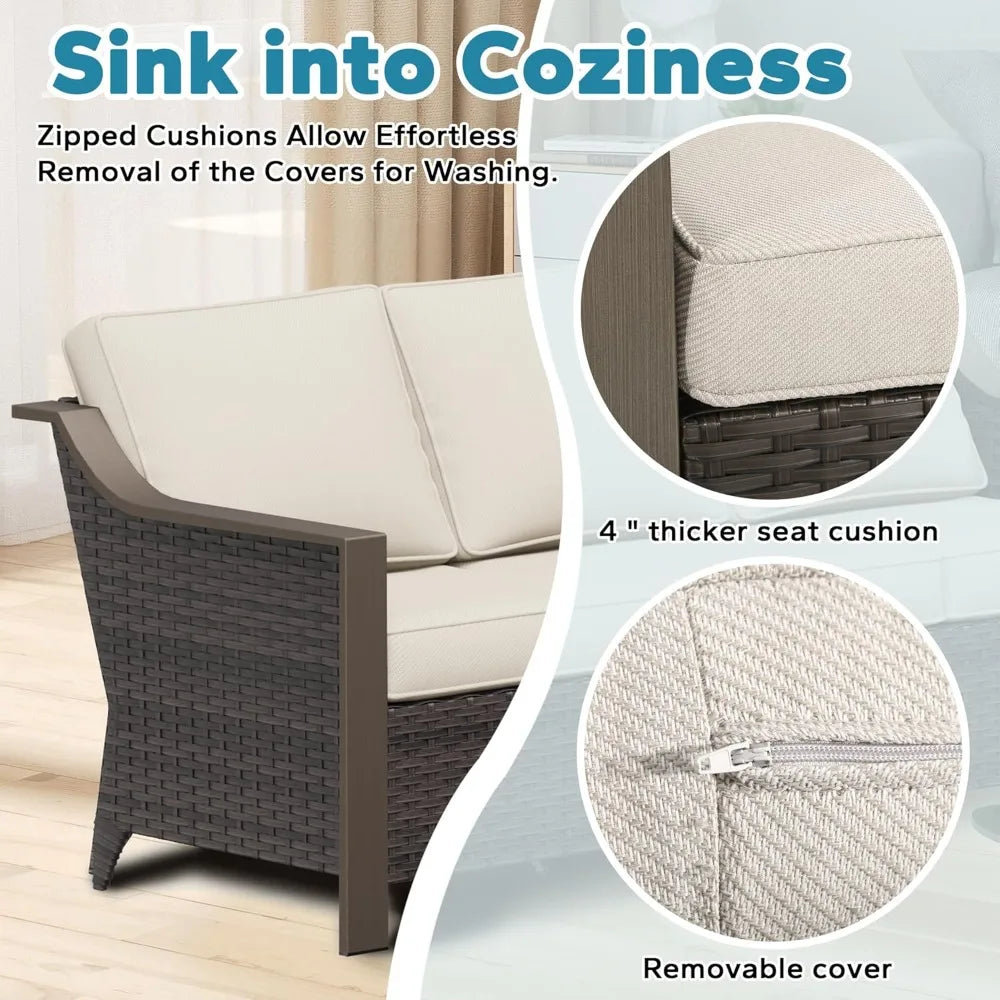 HUANZHUANG Outdoor Metal Wicker Patio Sofa 3 Seat Set