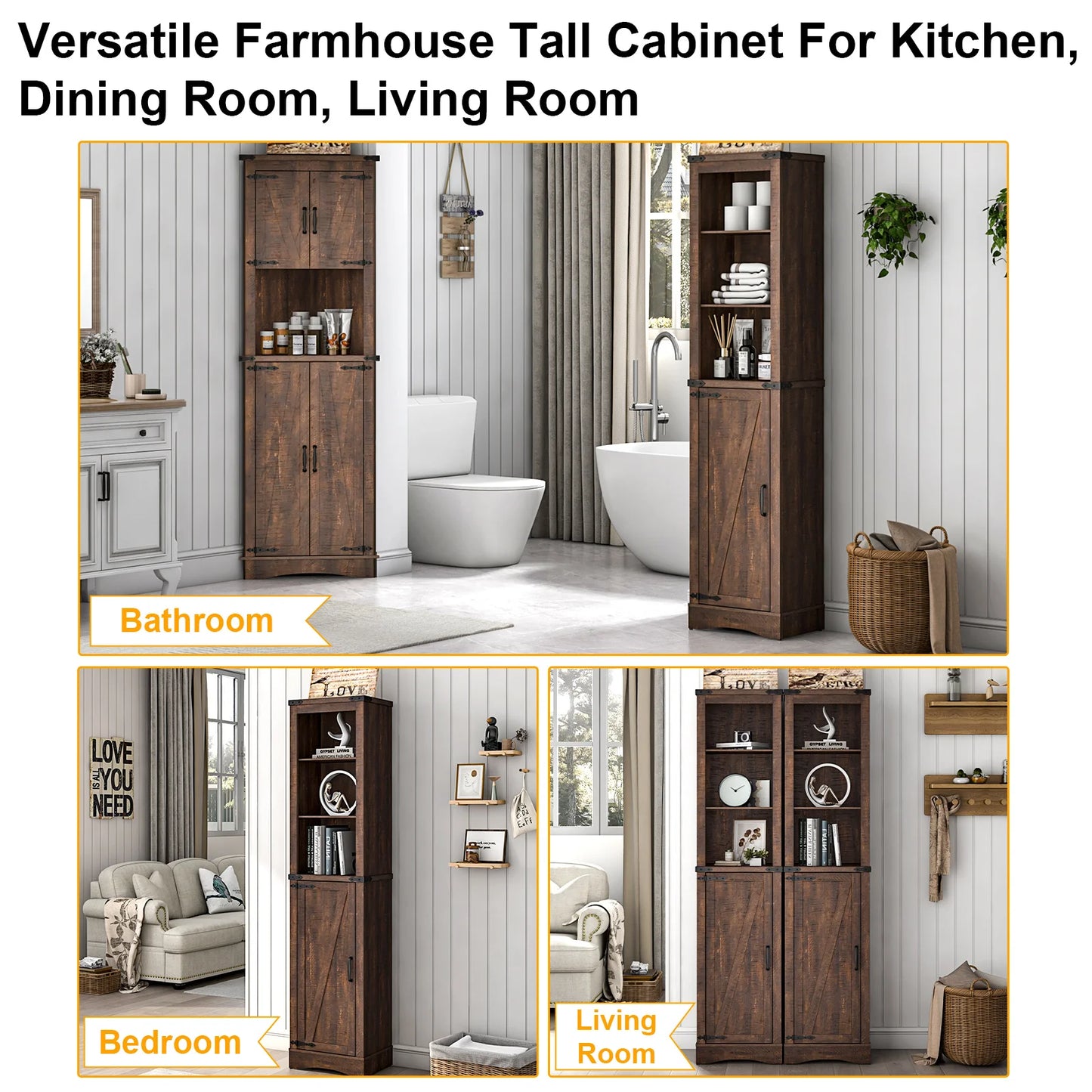 QiaoShiRen Farmhouse Linen Tower Cabinet With Barn Door