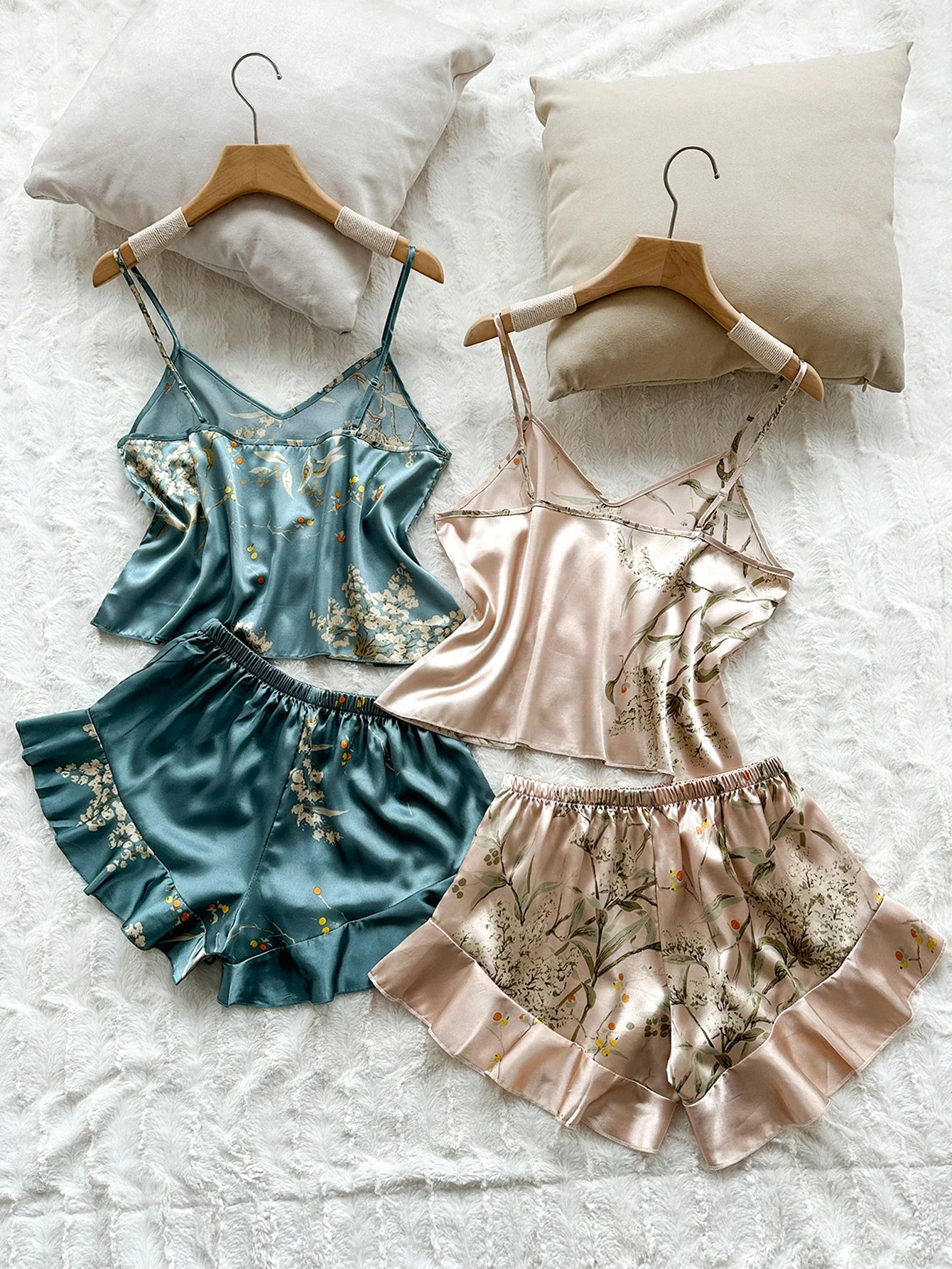 ZhejiangChoice Cherry Print Satin Pajama Set V Neck Halter