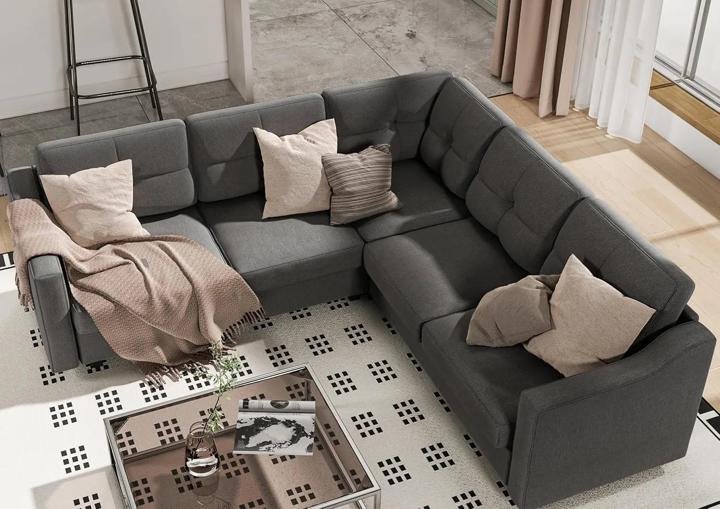 Huanzhuang Luxury Convertible Sectional Sofa Shaped 5 Seat
