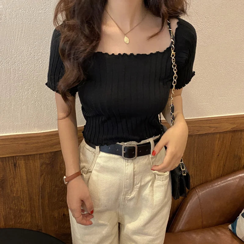 IToolin Women Ruffled Hem Off Shoulder Crop Top T-shirt