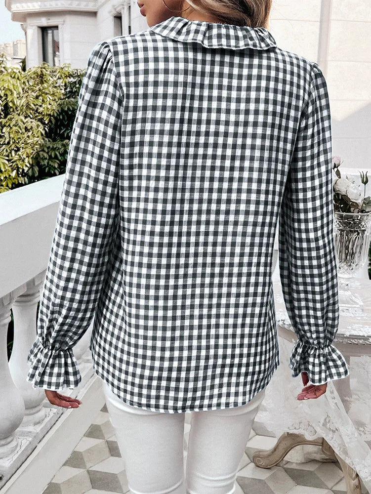 CN Fujian Gingham Ruffle Shirt With Turn Down Collar Women