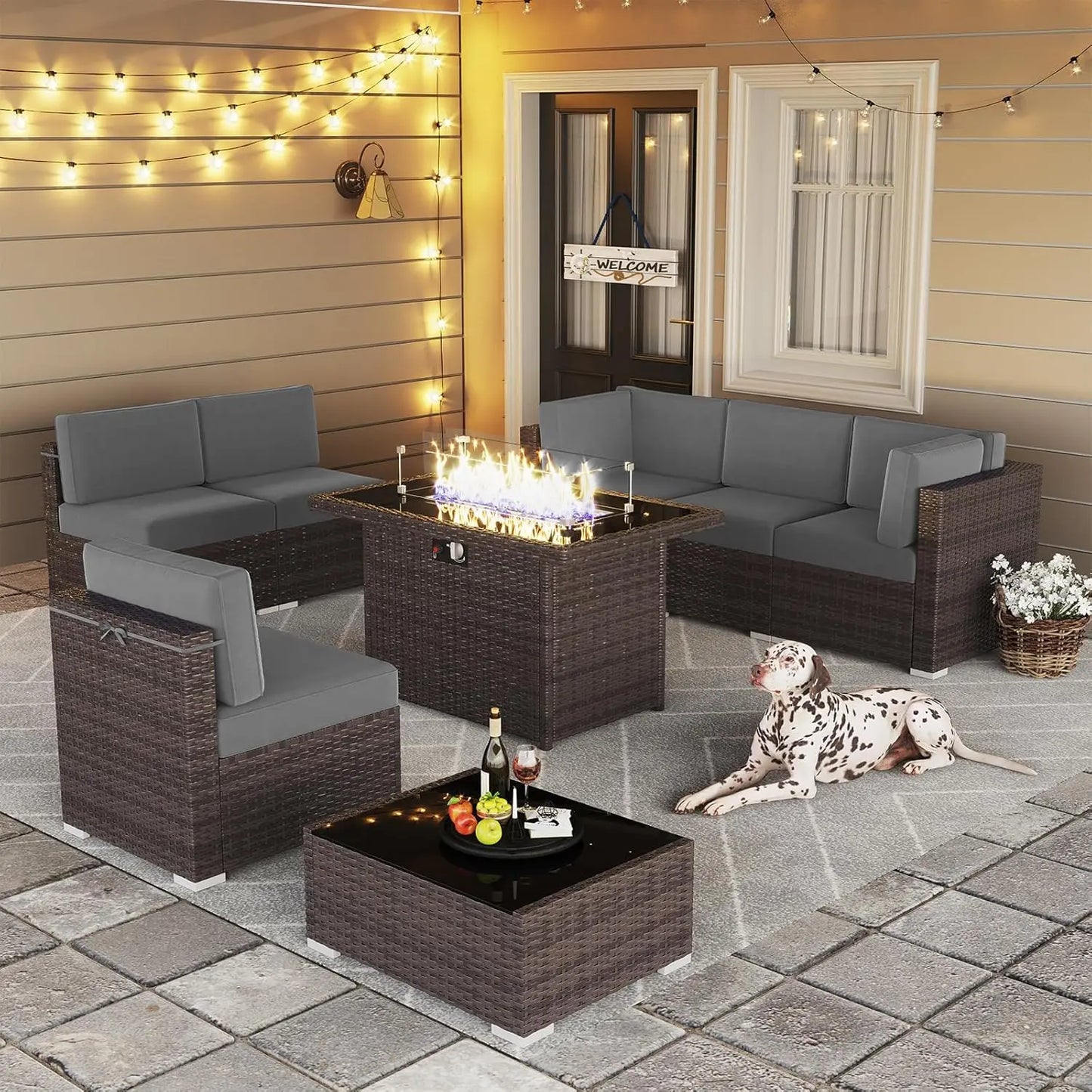 Outdoor Wicker Rattan Conversation Set With Fire Pit Table 15 Piece Patio Furniture Set