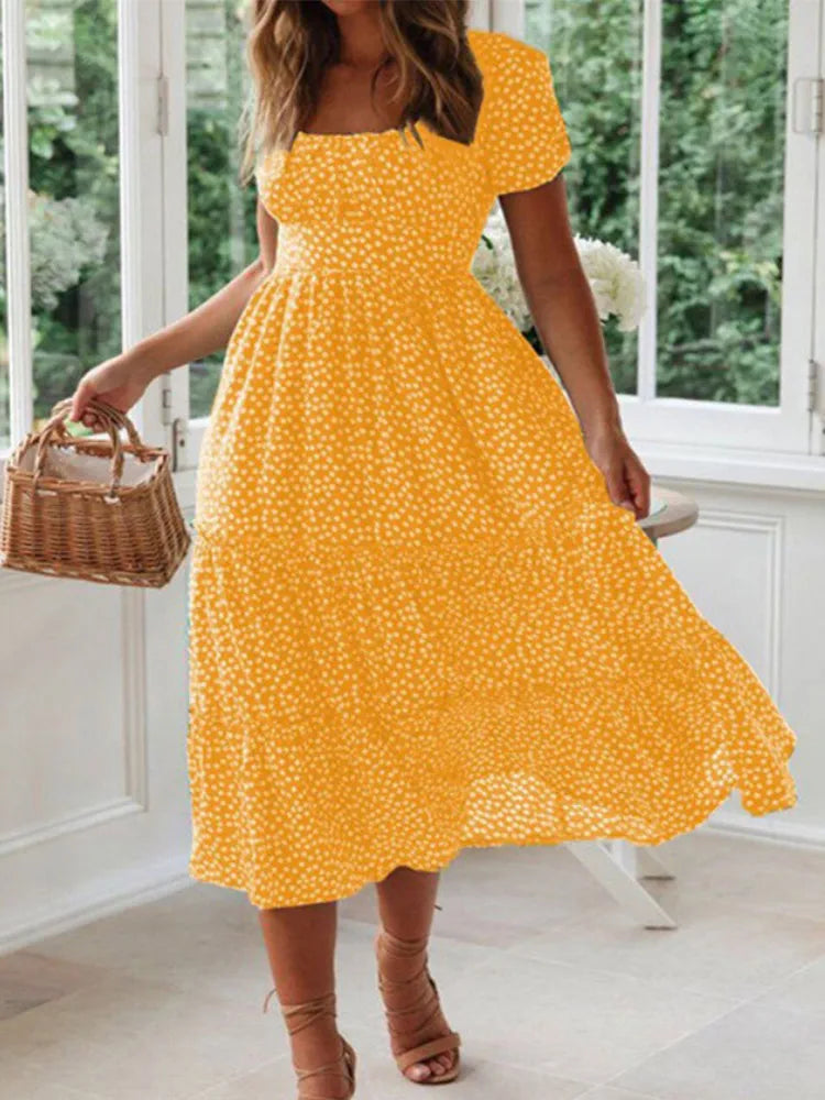 Vintage Floral Puff Sleeve Maxi Dress for Summer Beach Days