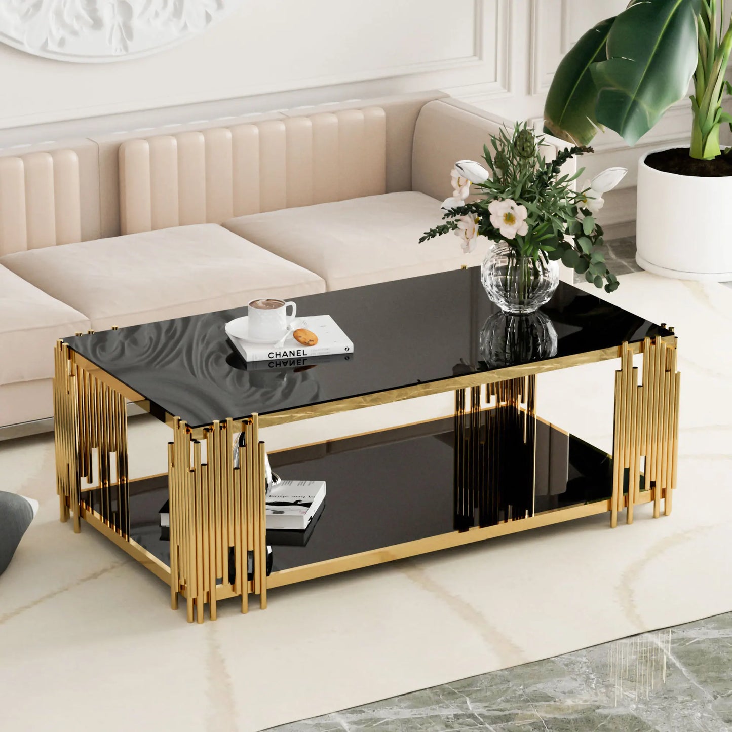 Stainless Steel Rectangle Coffee Table with Black Tempered Glass 51.18 Inch Modern Center Table Gold Legs for Living Room