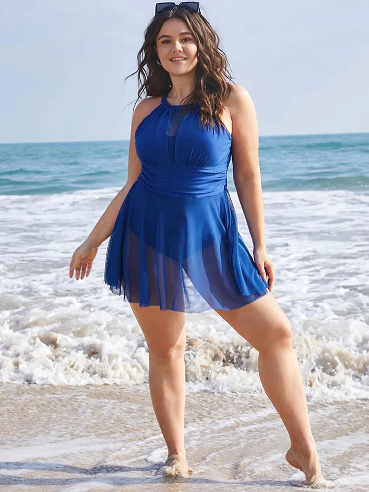 Plus Size Women's Halter One Piece Swim Dress for Beach