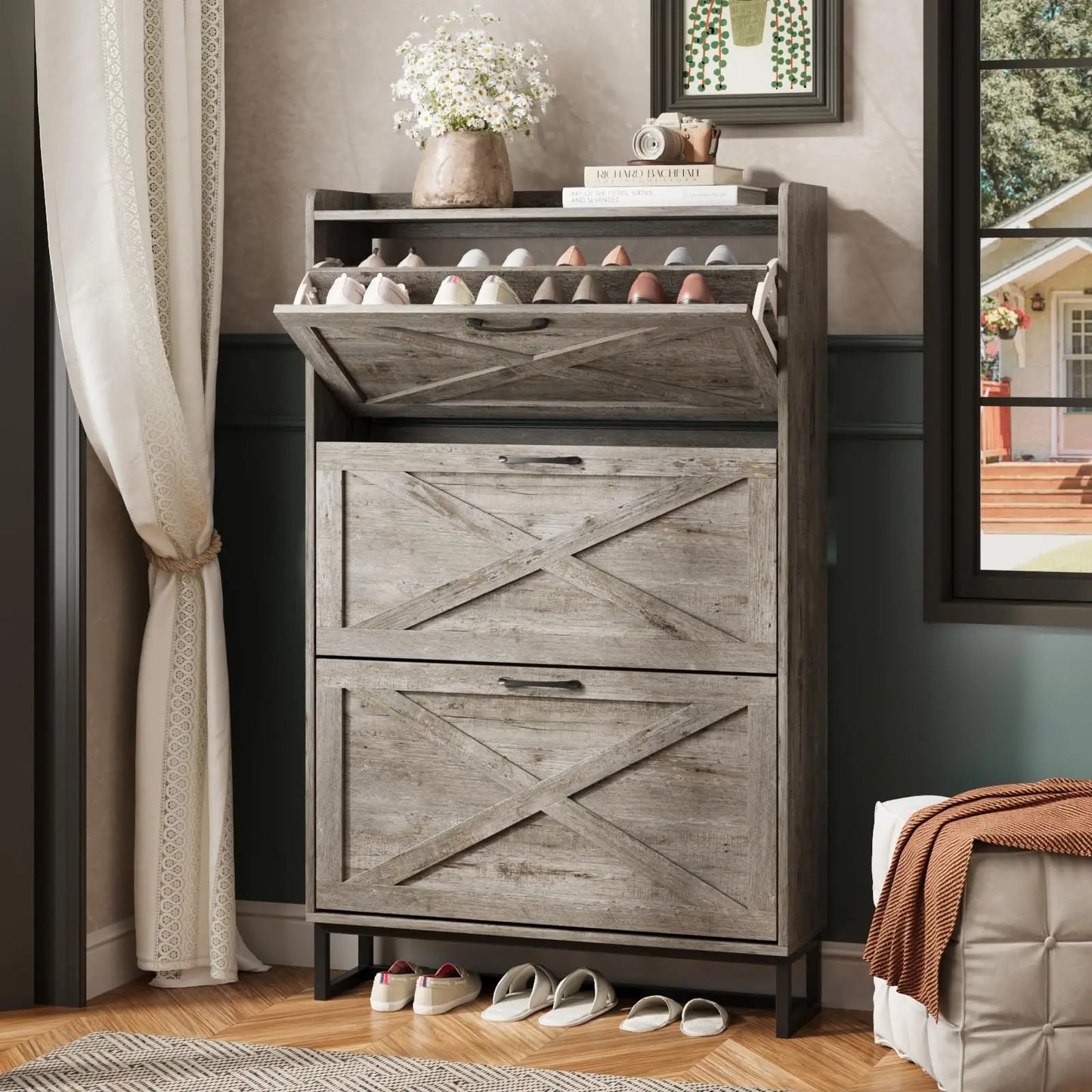 Modern Shoe Cabinet with 3 Flip Drawers for Entryway Storage