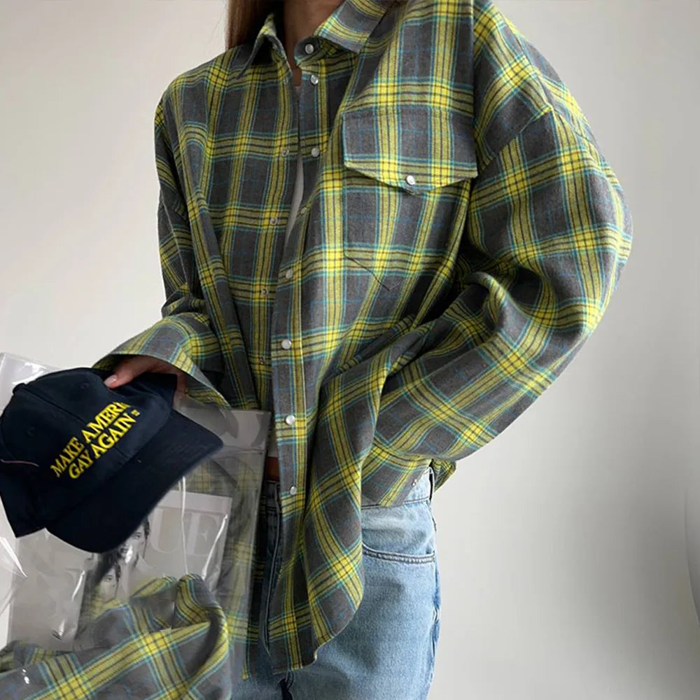 FSMGCN Versatile Plaid Shirt For Women Oversized Blouse