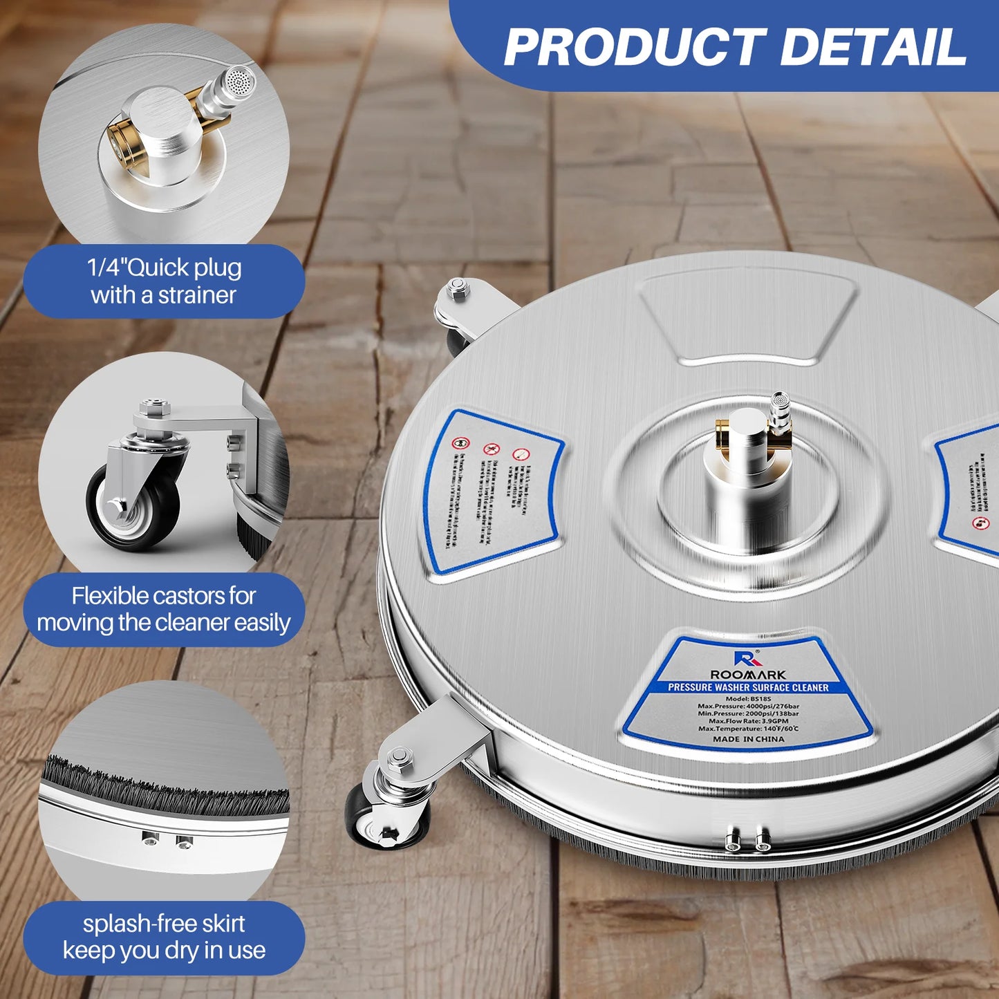 Roomark 4000 PSI Pressure Washer Surface Cleaner For Driveways Patios