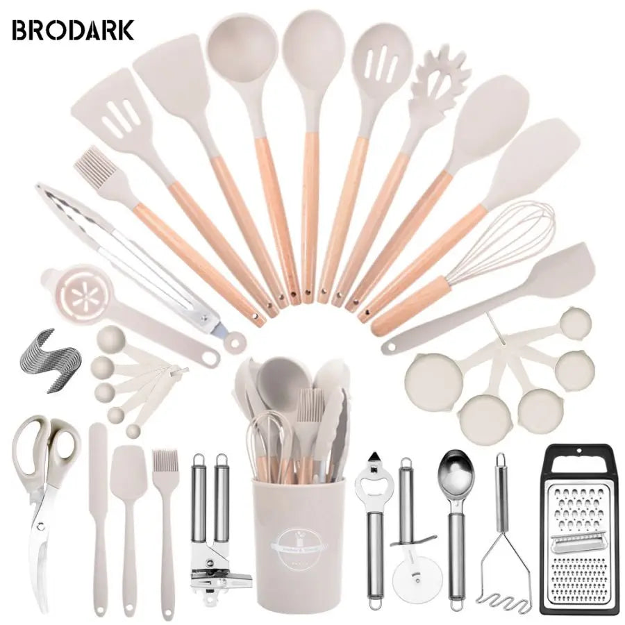 44PCS Premium Silicone Kitchen Utensil Set With Wooden Handles Heat Resistant Non Stick Friendly Cooking Tools