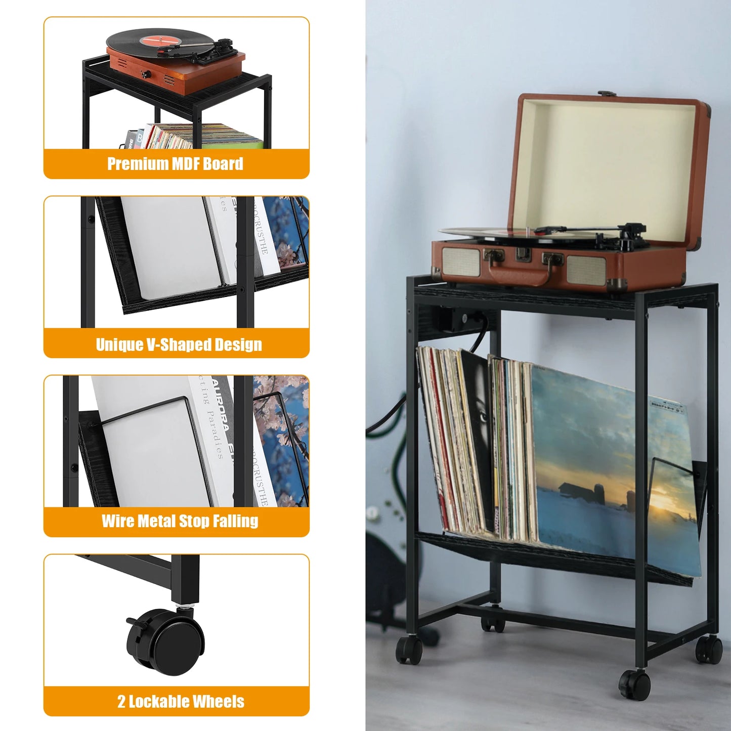 Record Player Stand with Vinyl Storage Side Table and Charging Station 2 Tier Rolling Record Player Table for Living Room