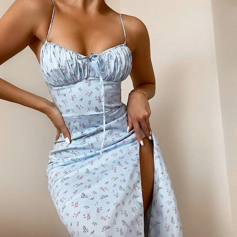 Elegant Floral Summer Suspender Dress with Side Slit