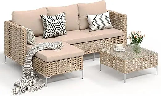 8 Pieces Outdoor Sectional Furniture Rattan Wicker Patio Sofa Couch with 28 Inch Gas Fire Pit Table Conversation Set for Backyard