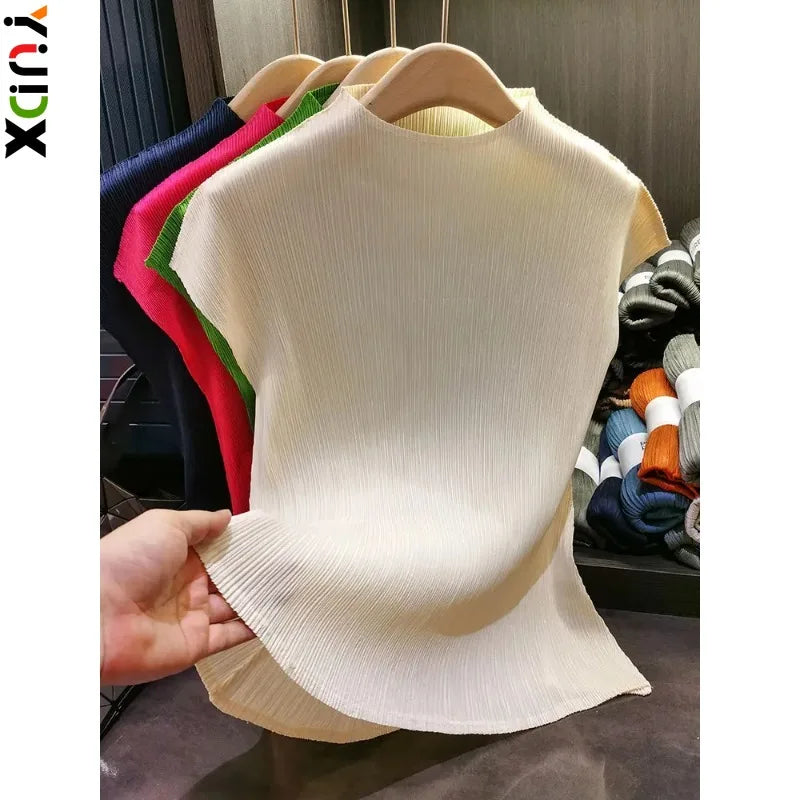 YUDXCN Women Pleated Top with Stand Up Collar