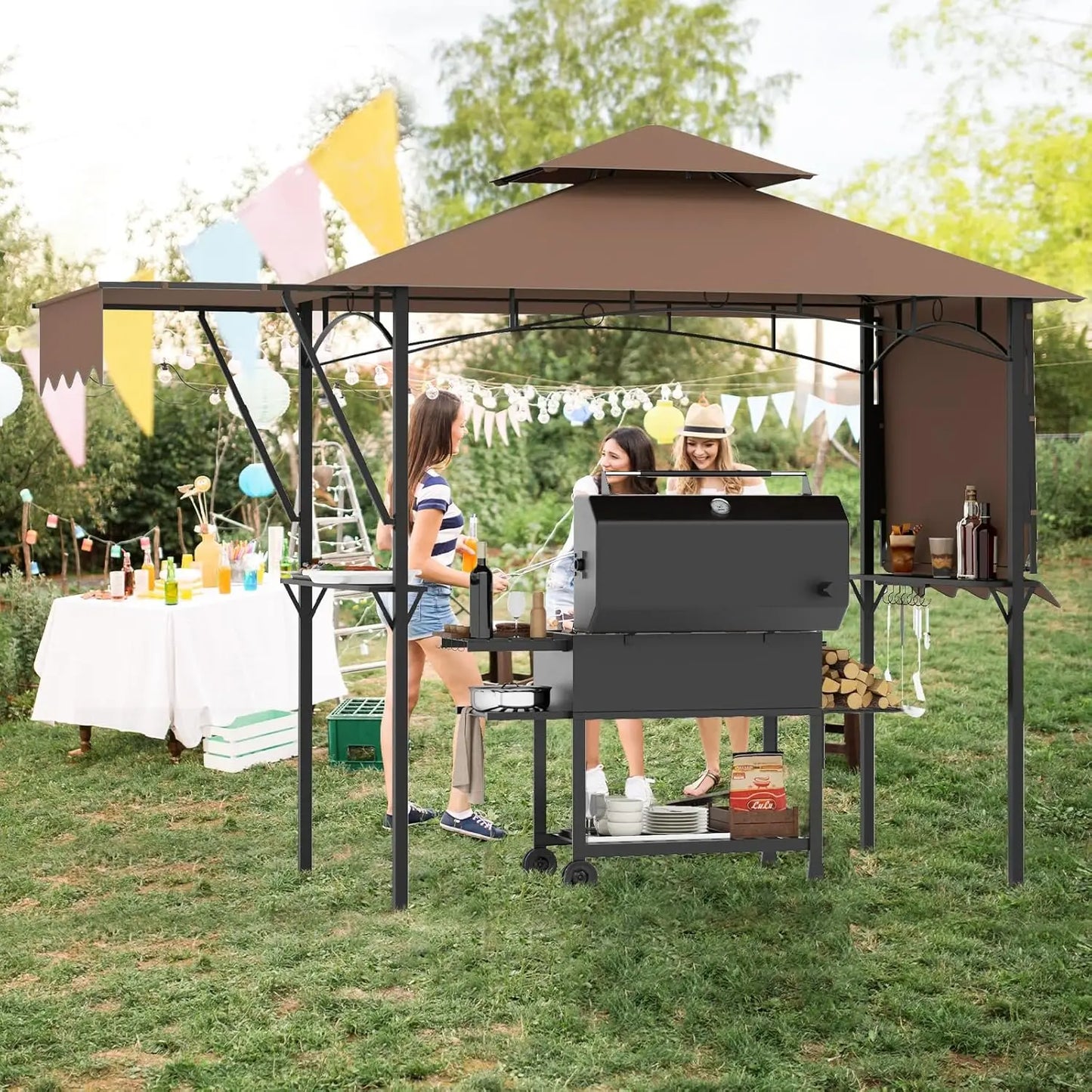 Grill Gazebo With Dual Awnings And Adjustable Shadow Features