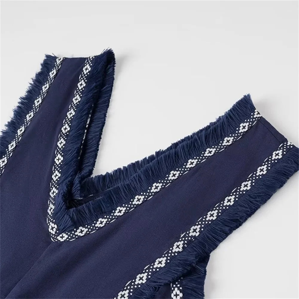 Casual Women's V-Neck Sleeveless Dress with Tassel Decoration