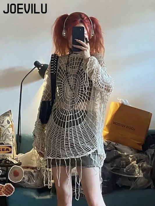 JOEVILU Hollow Knit Hooded Top Spider Web Gothic Sweater