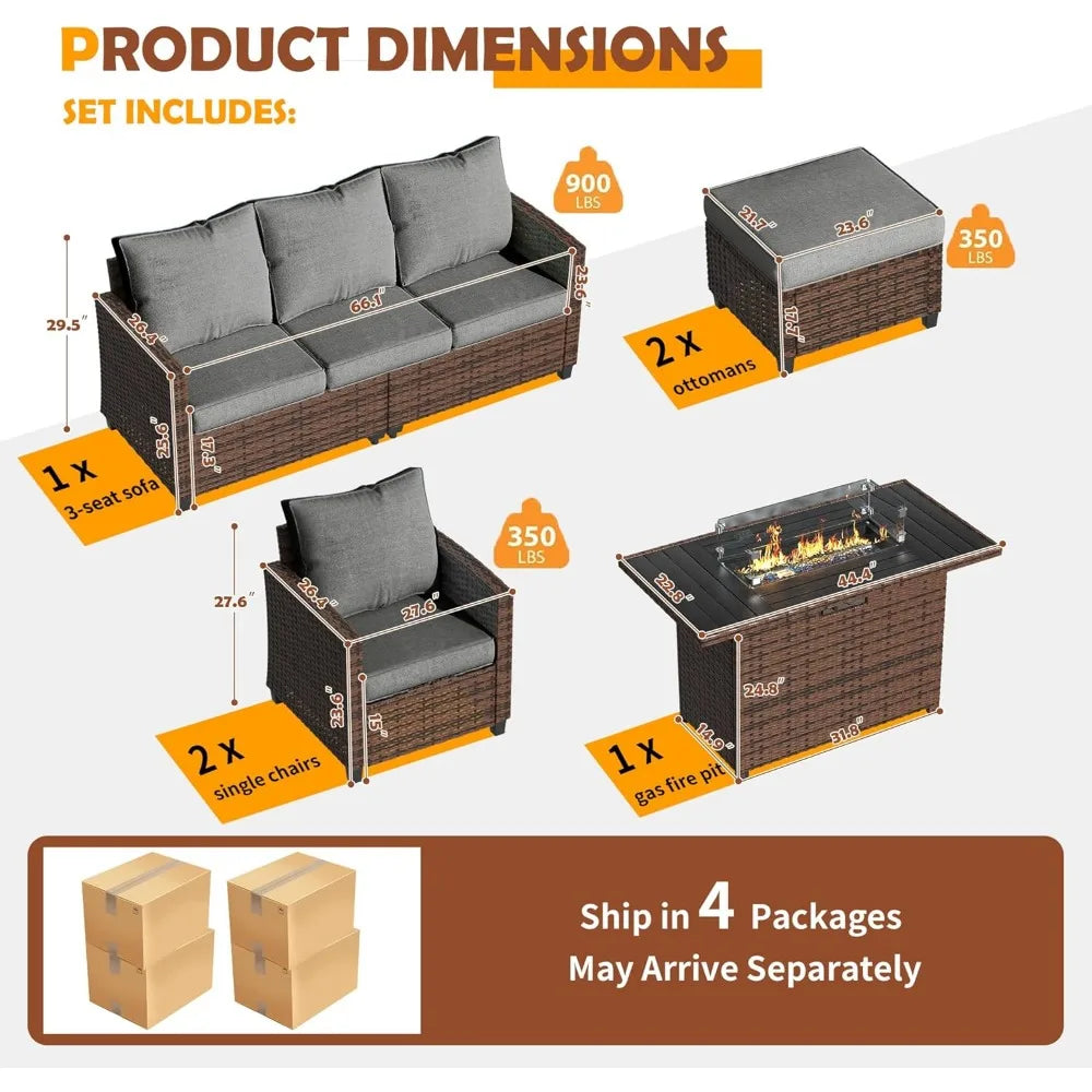 Outdoor Patio Furniture Set with 44 Inch Fire Pit Table for Garden Backyard Deck 6 Pieces Sectional Conversation Set