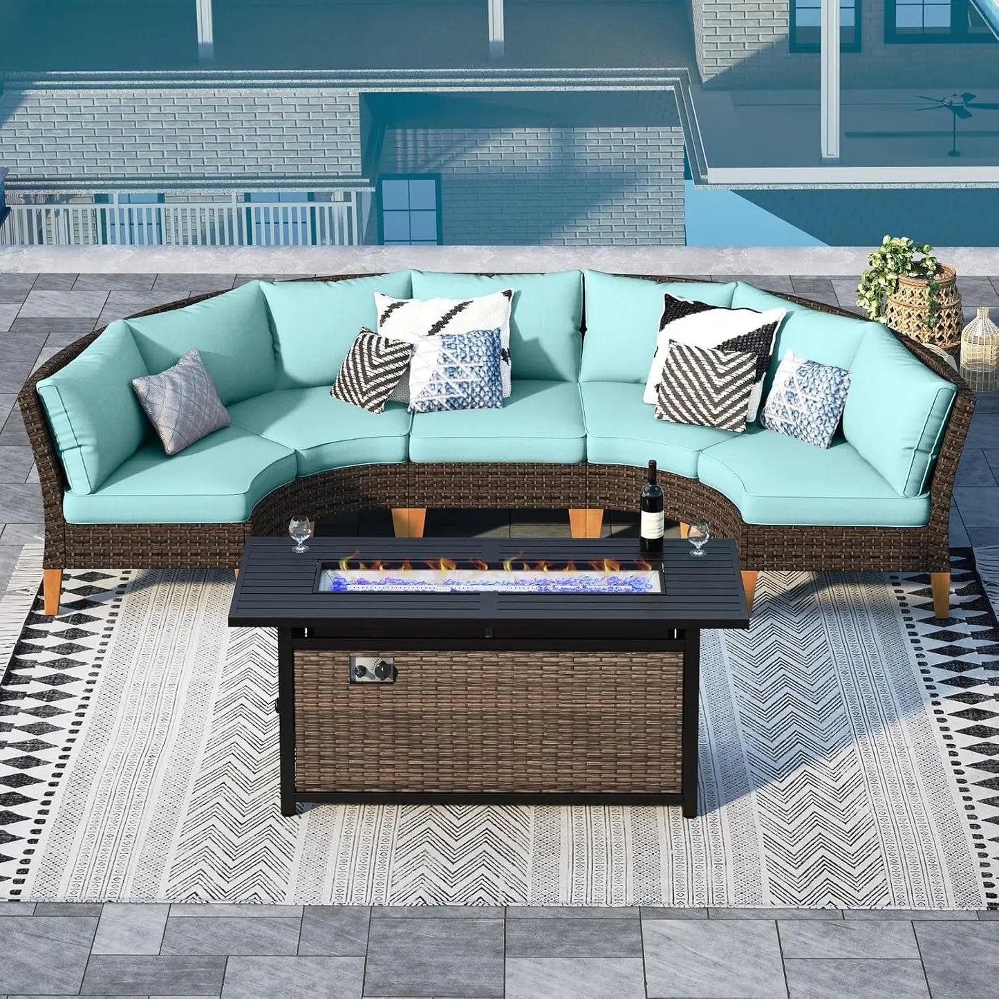 12 Piece Curved Outdoor Sectional Sofa Set Rattan Patio Conversation Set Beige