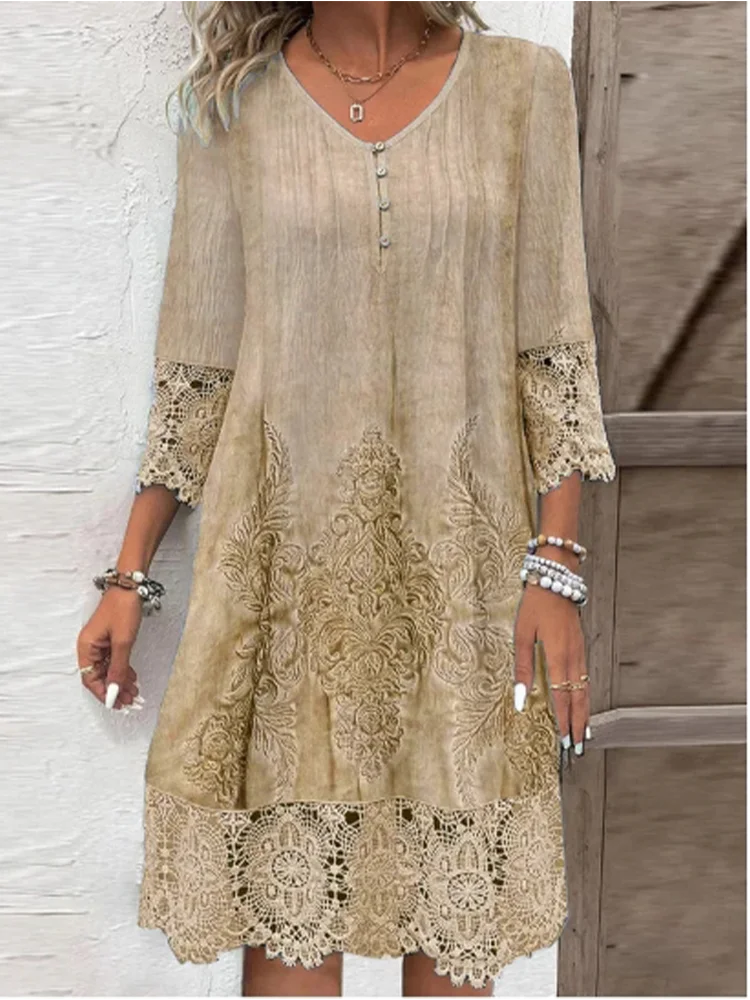 INPETAL Lace Printed Short Sleeve V Neck Dress For Women