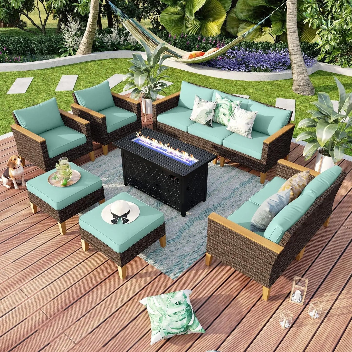 9 Piece Wicker Patio Furniture Set with 56 Inch Fire Pit Table All Weather PE Rattan Patio Sectional Sofa Conversation Set