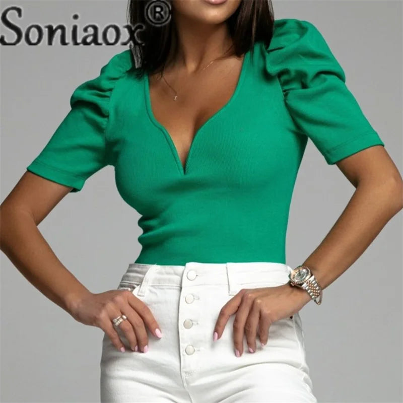 Soniaox Slim Fit V Neck Bubble Sleeve Blouse